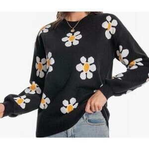 Black Floral Knit Sweater – Size Medium Long Sleeve Crochet Pullover New